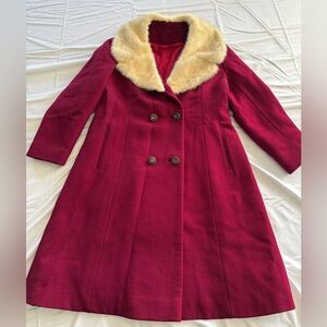 Vintage 60s 70s Wool Double Breasted Fur Collar Magenta Coat M/L glam evening